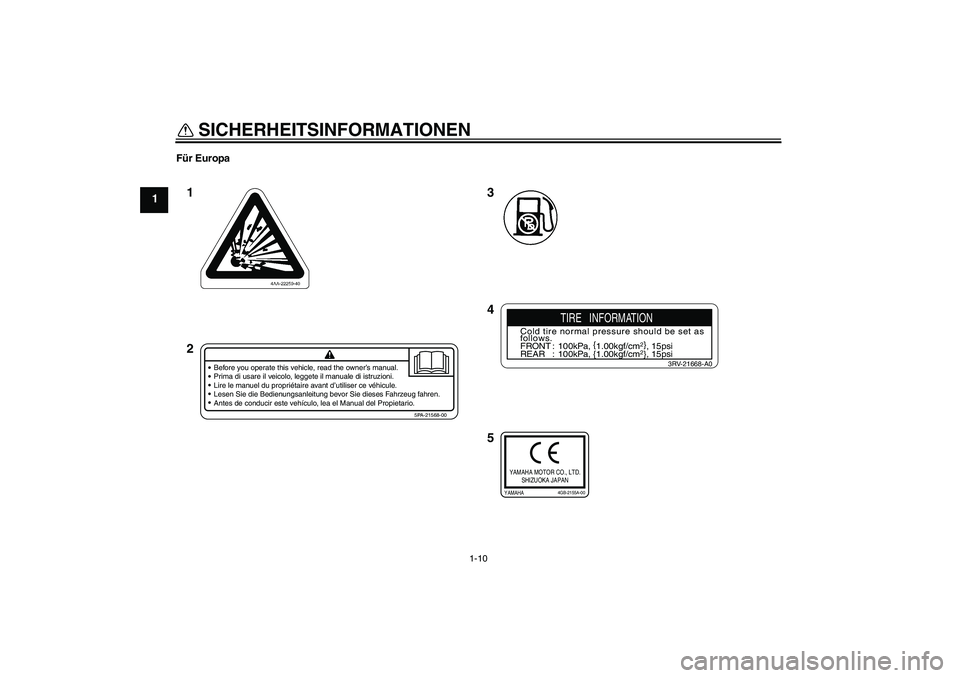 YAMAHA YZ85 2007  Betriebsanleitungen (in German) SICHERHEITSINFORMATIONEN
1-10
1
Für Europa
3
5 4 1
2
Before you operate this vehicle, read the owner’s manual.
Prima di usare il veicolo, leggete il manuale di istruzioni.
Lire le manuel du propri