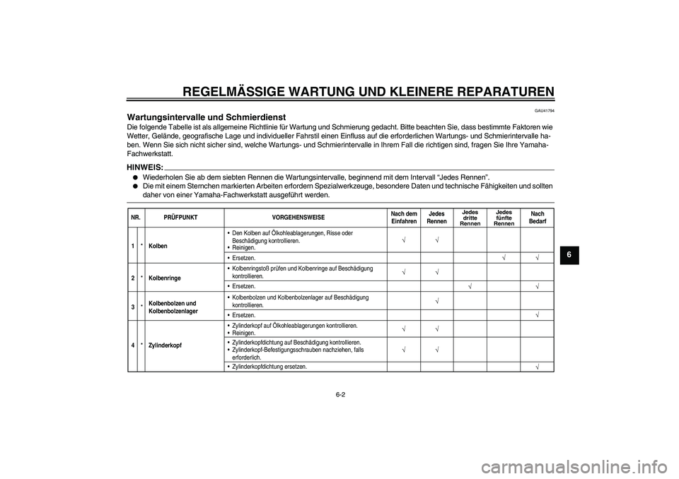 YAMAHA YZ85 2007  Betriebsanleitungen (in German) REGELMÄSSIGE WARTUNG UND KLEINERE REPARATUREN
6-2
6
GAU41794
Wartungsintervalle und Schmierdienst Die folgende Tabelle ist als allgemeine Richtlinie für Wartung und Schmierung gedacht. Bitte beachte