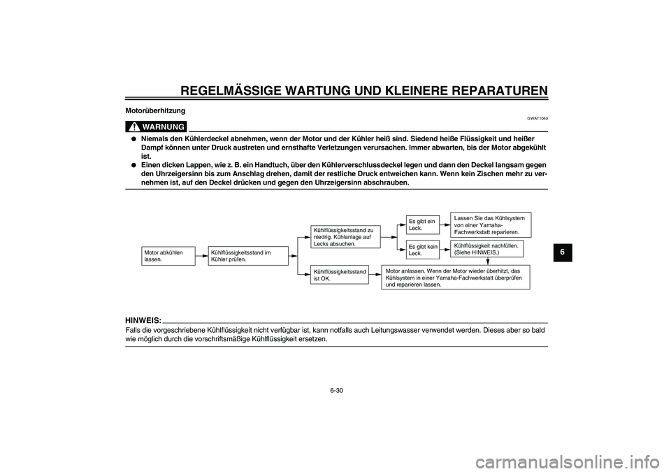 YAMAHA YZ85 2007  Betriebsanleitungen (in German) REGELMÄSSIGE WARTUNG UND KLEINERE REPARATUREN
6-30
6
Motorüberhitzung
WARNUNG
GWAT1040

Niemals den Kühlerdeckel abnehmen, wenn der Motor und der Kühler heiß sind. Siedend heiße Flüssigkeit un