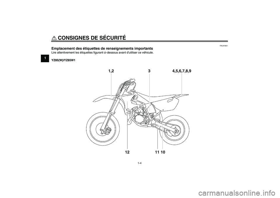 YAMAHA YZ85 2007  Notices Demploi (in French) CONSIGNES DE SÉCURITÉ
1-4
1
FAU41851
Emplacement des étiquettes de renseignements importants Lire attentivement les étiquettes figurant ci-dessous avant d’utiliser ce véhicule.
YZ85(W)/YZ85W1U5