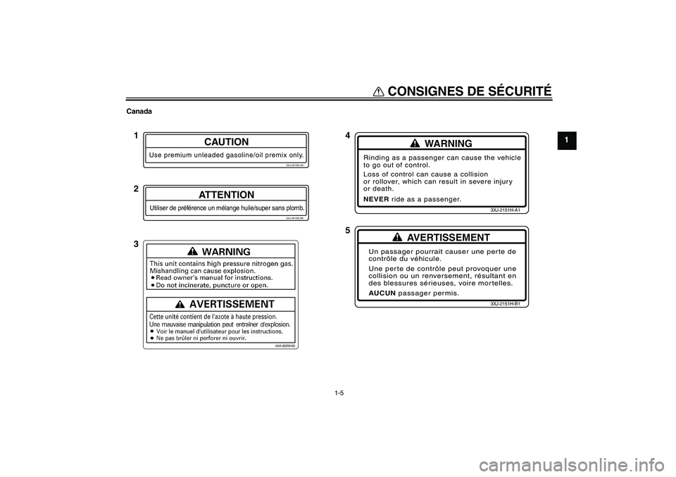 YAMAHA YZ85 2007  Notices Demploi (in French) CONSIGNES DE SÉCURITÉ
1-5
1
Canada
3XJ-2415E-A0
CAUTION
Use premium unleaded gasoline/oil premix only.
3XJ-2415E-B0
ATTENTION
Utiliser de préférence un mélange huile/super sans plomb.
WARNING
Rin