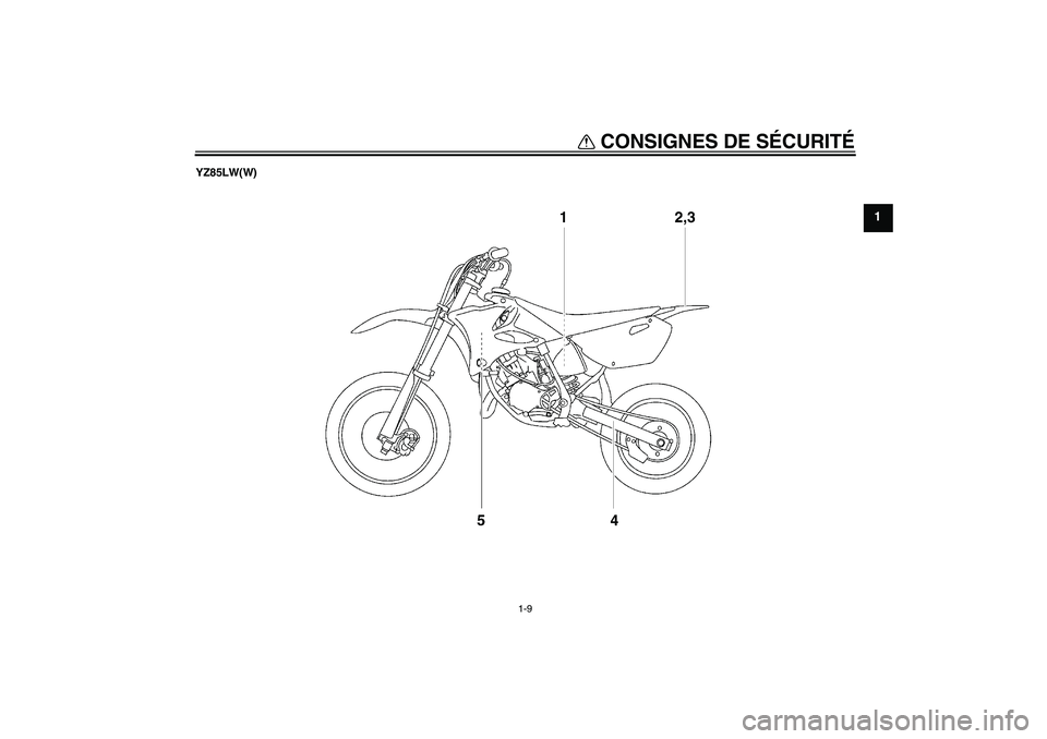 YAMAHA YZ85 2007  Notices Demploi (in French) CONSIGNES DE SÉCURITÉ
1-9
1
YZ85LW(W)
U5PA85F0.book  Page 9  Thursday, April 13, 2006  4:03 PM 