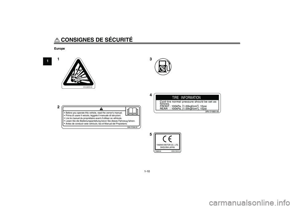 YAMAHA YZ85 2007  Notices Demploi (in French) CONSIGNES DE SÉCURITÉ
1-10
1
Europe
3
5 4 1
2
Before you operate this vehicle, read the owner’s manual.
Prima di usare il veicolo, leggete il manuale di istruzioni.
Lire le manuel du propriétaire