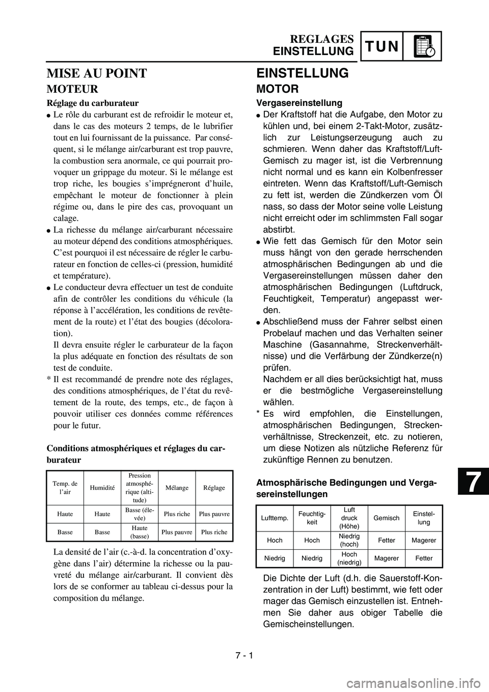 YAMAHA YZ85 2006  Owners Manual TUN
MISE AU POINT
MOTEUR
Réglage du carburateur
Le rôle du carburant est de refroidir le moteur et,
dans le cas des moteurs 2 temps, de le lubrifier
tout en lui fournissant de la puissance.  Par co