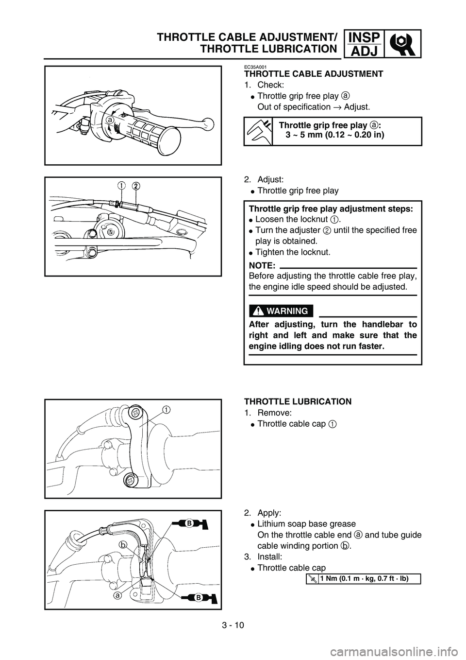 YAMAHA YZ85 2005  Owners Manual 3 - 10
INSP
ADJTHROTTLE CABLE ADJUSTMENT/
THROTTLE LUBRICATION
EC35A001
THROTTLE CABLE ADJUSTMENT
1. Check:
Throttle grip free play a 
Out of specification → Adjust.
Throttle grip free play 
a:
3 ~