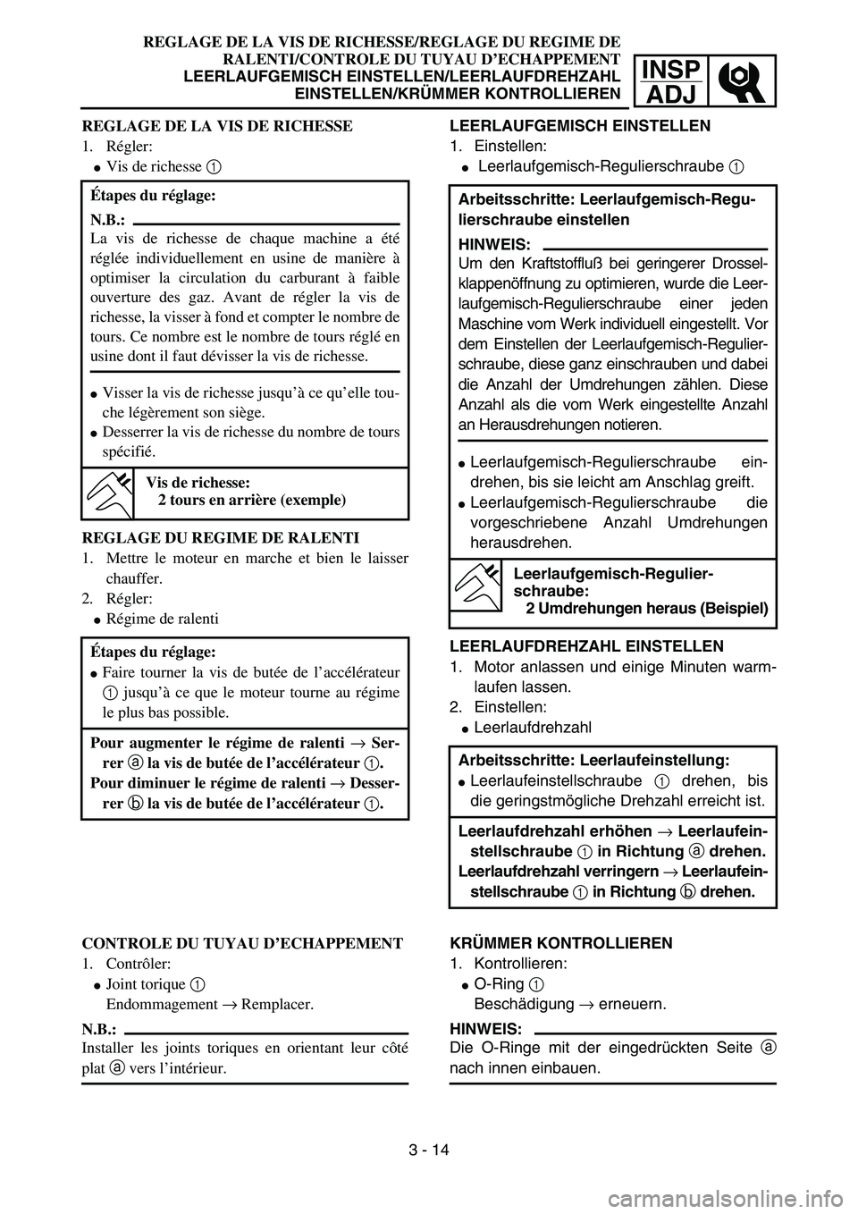 YAMAHA YZ85 2005  Owners Manual 3- 18
INSP
ADJ
REGLAGE DE LA VIS DE RICHESSE
1. Régler:
Vis de richesse 1 
REGLAGE DU REGIME DE RALENTI
1. Mettre le moteur en marche et bien le laisser
chauffer.
2. Régler:
Régime de ralenti Ét