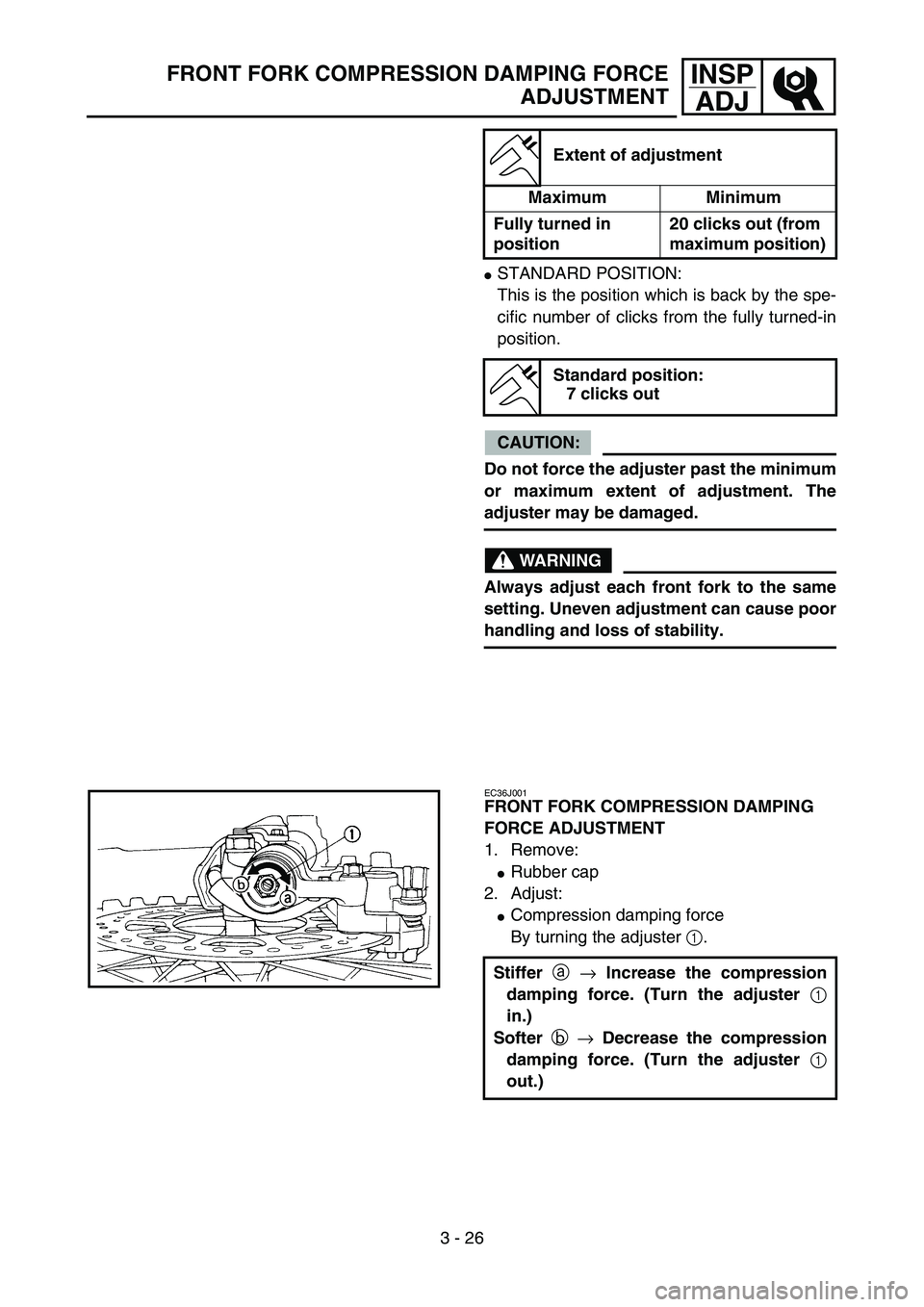YAMAHA YZ85 2005  Owners Manual 3 - 26
INSP
ADJFRONT FORK COMPRESSION DAMPING FORCE
ADJUSTMENT
STANDARD POSITION:
This is the position which is back by the spe-
cific number of clicks from the fully turned-in
position.
CAUTION:
Do 