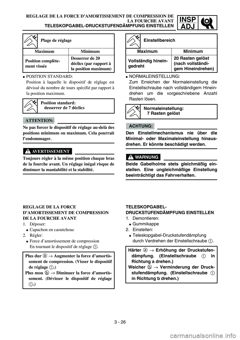 YAMAHA YZ85 2005  Owners Manual 3- 30
INSP
ADJ
REGLAGE DE LA FORCE D’AMORTISSEMENT DE COMPRESSION DE
LA FOURCHE AVANT
TELESKOPGABEL-DRUCKSTUFENDÄMPFUNG EINSTELLEN
POSITION STANDARD:
Position à laquelle le dispositif de réglage
