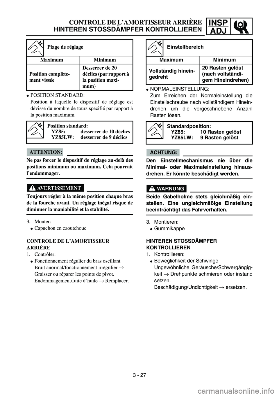 YAMAHA YZ85 2005  Owners Manual 3- 31
INSP
ADJCONTROLE DE L’AMORTISSEUR ARRIÈRE
HINTEREN STOSSDÄMPFER KONTROLLIEREN
POSITION STANDARD:
Position à laquelle le dispositif de réglage est
dévissé du nombre de tours spécifié p