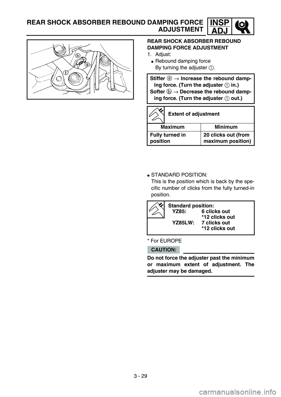 YAMAHA YZ85 2005  Owners Manual 3 - 29
INSP
ADJREAR SHOCK ABSORBER REBOUND DAMPING FORCE
ADJUSTMENT
REAR SHOCK ABSORBER REBOUND 
DAMPING FORCE ADJUSTMENT
1. Adjust:
Rebound damping force
By turning the adjuster 1.
Stiffer 
a 
→ I