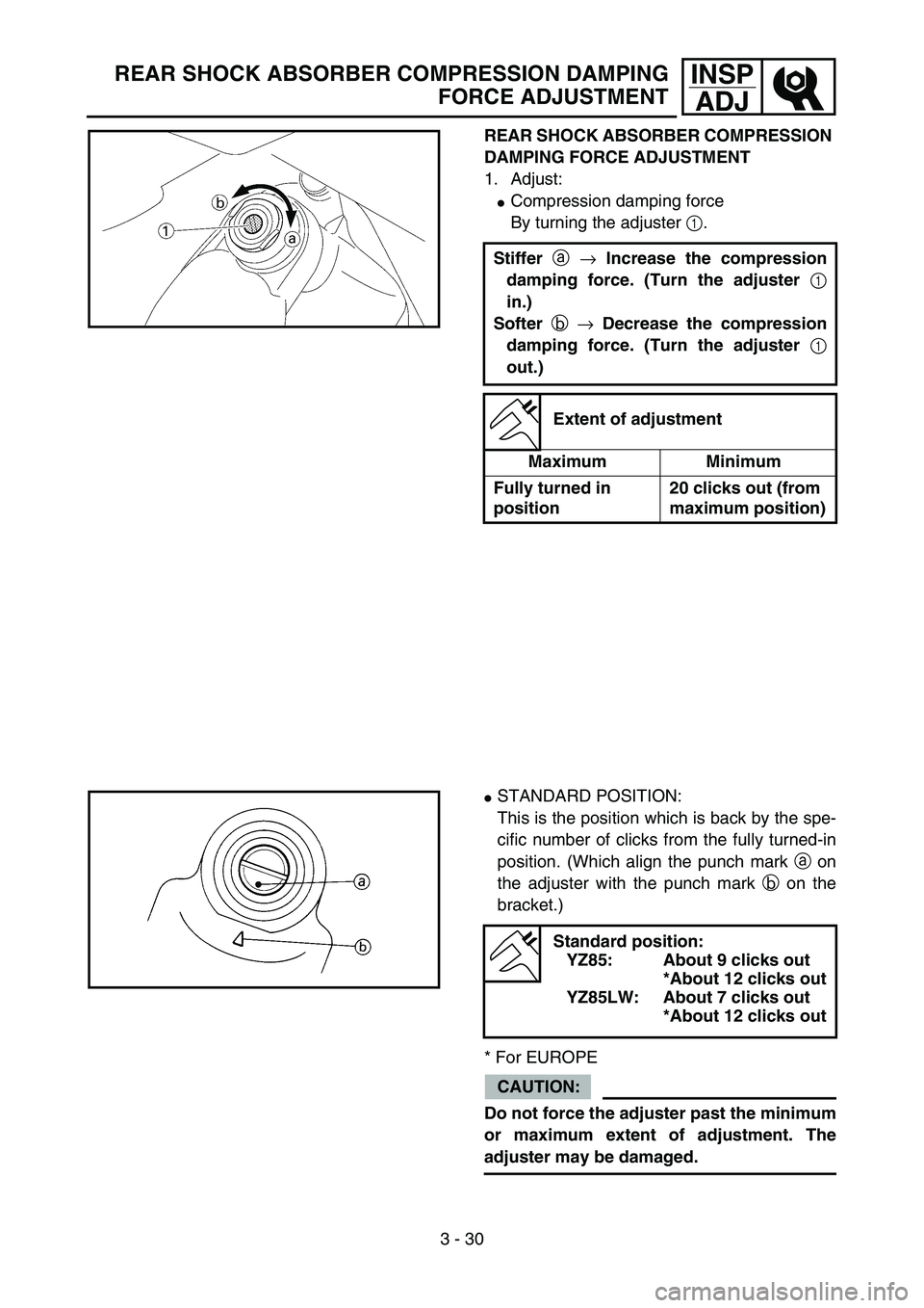 YAMAHA YZ85 2005  Owners Manual 3 - 30
INSP
ADJREAR SHOCK ABSORBER COMPRESSION DAMPING
FORCE ADJUSTMENT
REAR SHOCK ABSORBER COMPRESSION 
DAMPING FORCE ADJUSTMENT
1. Adjust:
Compression damping force
By turning the adjuster 1.
Stiff