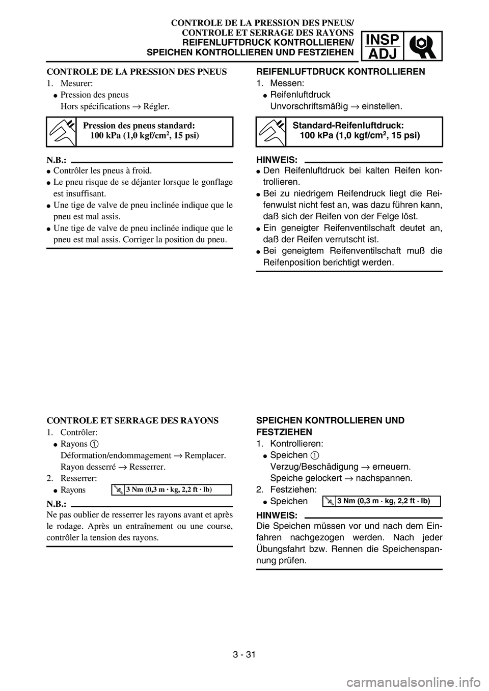 YAMAHA YZ85 2005  Owners Manual 3- 35
INSP
ADJ
CONTROLE DE LA PRESSION DES PNEUS/
CONTROLE ET SERRAGE DES RAYONS
REIFENLUFTDRUCK KONTROLLIEREN/
SPEICHEN KONTROLLIEREN UND FESTZIEHEN
CONTROLE DE LA PRESSION DES PNEUS
1. Mesurer:
Pre
