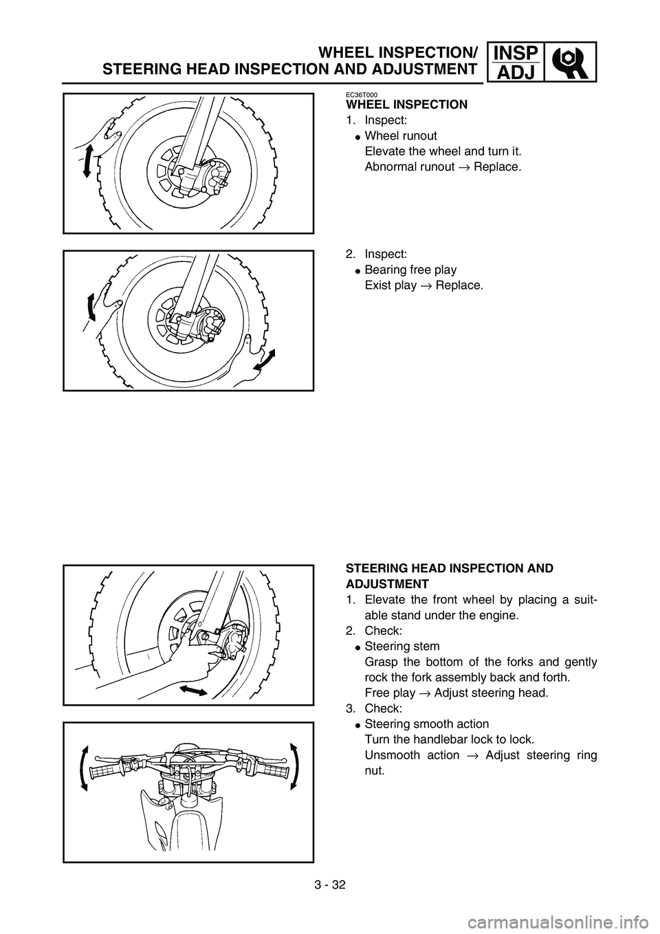 YAMAHA YZ85 2005  Owners Manual 3 - 32
INSP
ADJ
EC36T000
WHEEL INSPECTION
1. Inspect:
Wheel runout
Elevate the wheel and turn it.
Abnormal runout → Replace.
5PA30700
2. Inspect:
Bearing free play
Exist play → Replace.
5PA30710
