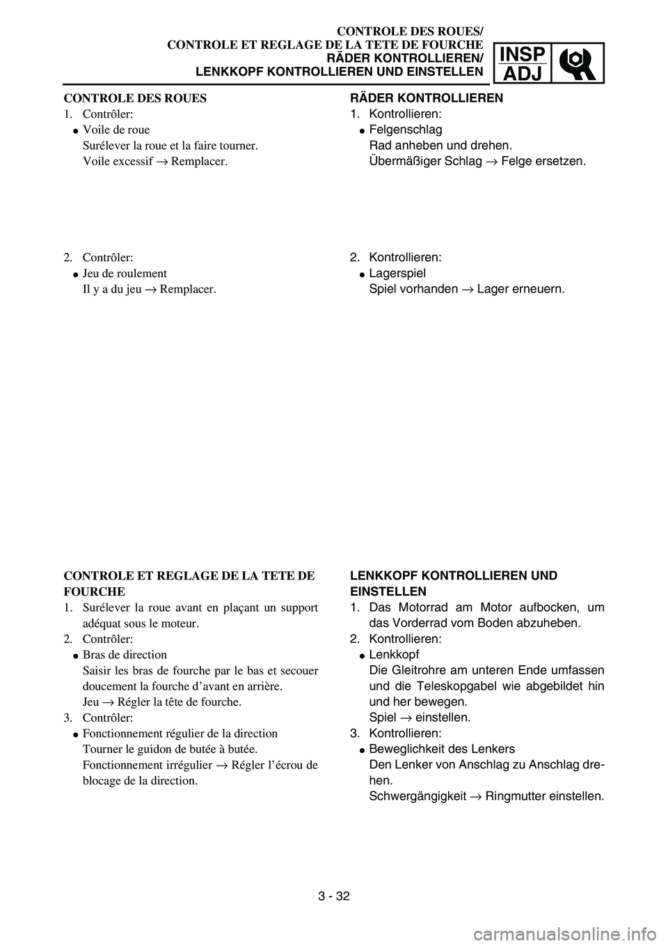 YAMAHA YZ85 2005  Owners Manual 3- 36
INSP
ADJ
CONTROLE DES ROUES
1. Contrôler:
Voile de roue
Surélever la roue et la faire tourner.
Voile excessif → Remplacer.
2. Contrôler:
Jeu de roulement
Il y a du jeu → Remplacer.
CONT