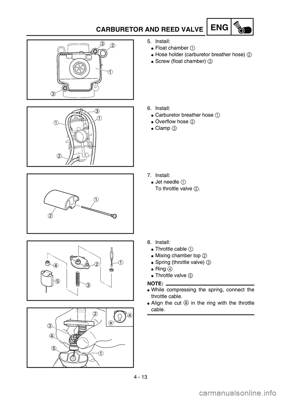 YAMAHA YZ85 2005  Owners Manual 4 - 13
ENGCARBURETOR AND REED VALVE
5. Install:
Float chamber 1 
Hose holder (carburetor breather hose) 2 
Screw (float chamber) 3 
5PA40300
6. Install:
Carburetor breather hose 1 
Overflow hose 