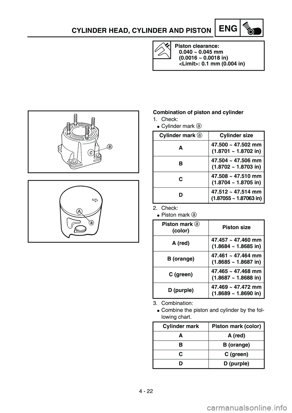 YAMAHA YZ85 2005  Owners Manual 4 - 22
ENG
Piston clearance:
0.040 ~ 0.045 mm
(0.0016 ~ 0.0018 in)
<Limit>: 0.1 mm (0.004 in)
Combination of piston and cylinder
1. Check:
Cylinder mark a 
2. Check:
Piston mark a 
3. Combination:
