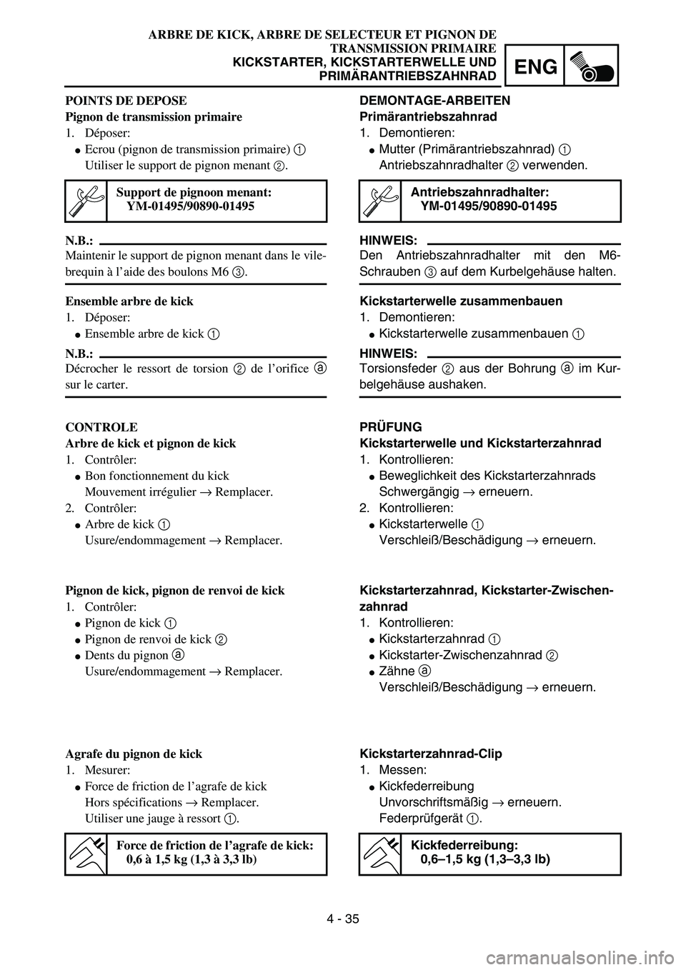 YAMAHA YZ85 2005  Owners Manual 4 - 35
ENG
POINTS DE DEPOSE
Pignon de transmission primaire
1. Déposer:
Ecrou (pignon de transmission primaire) 1 
Utiliser le support de pignon menant 
2.
N.B.:
Maintenir le support de pignon menan