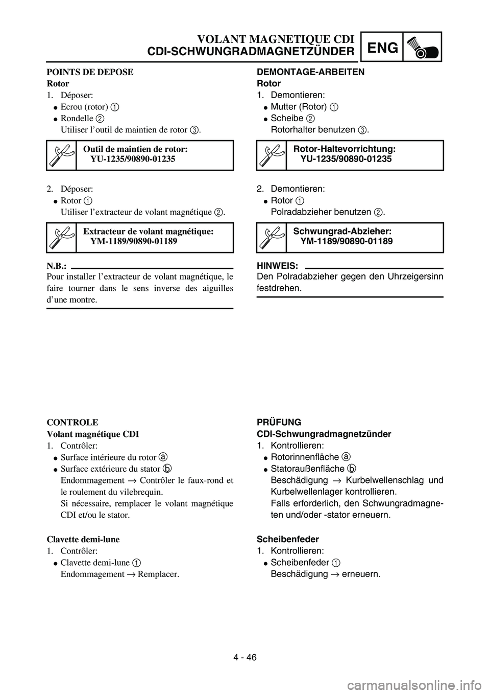 YAMAHA YZ85 2005  Owners Manual 4 - 46
ENG
POINTS DE DEPOSE
Rotor
1. Déposer:
Ecrou (rotor) 1 
Rondelle 2 
Utiliser l’outil de maintien de rotor 3.
Outil de maintien de rotor:
YU-1235/90890-01235
2. Déposer:
Rotor 1 
Utiliser