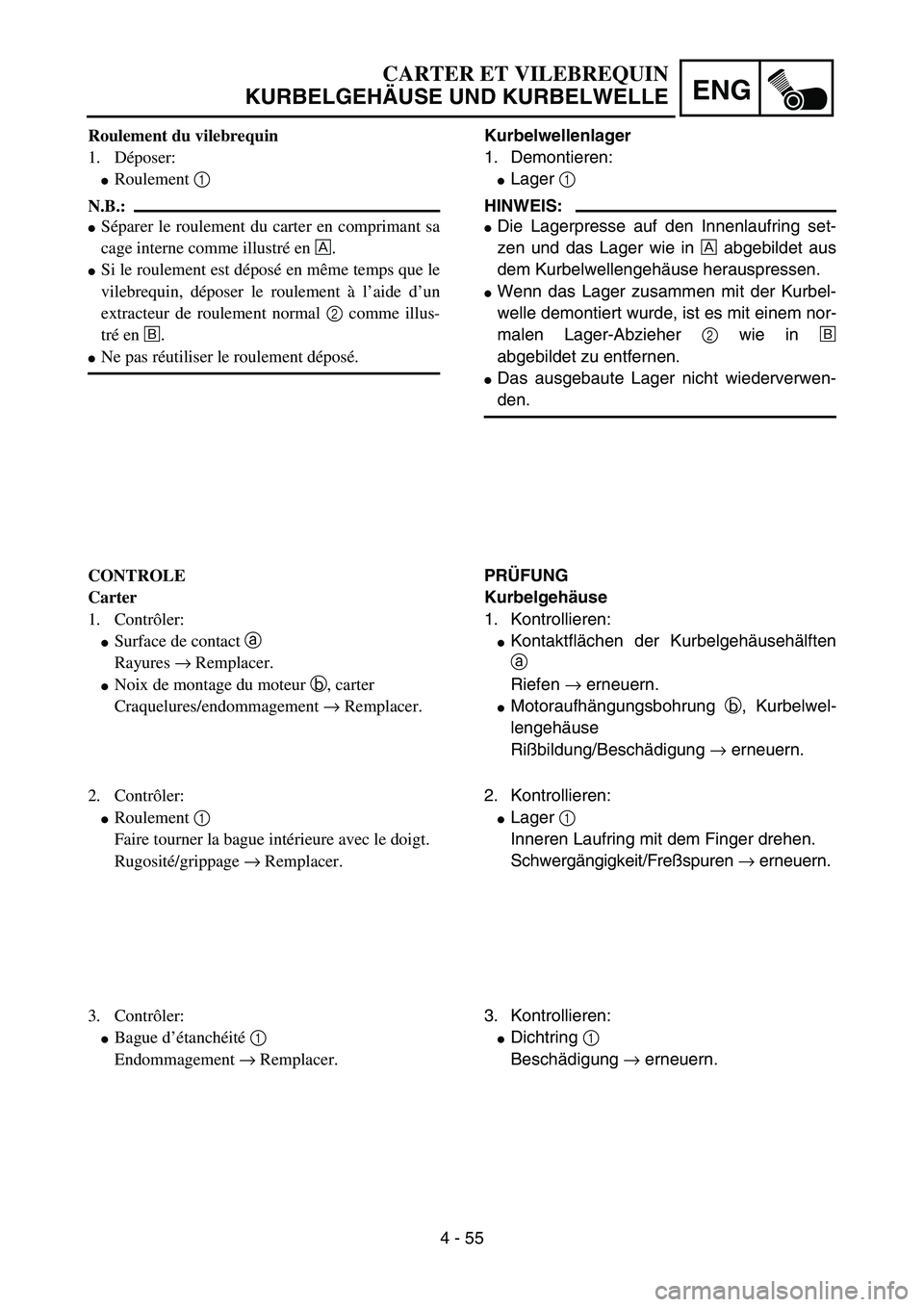 YAMAHA YZ85 2005  Owners Manual 4 - 55
ENG
Roulement du vilebrequin
1. Déposer:
Roulement 1 
N.B.:
Séparer le roulement du carter en comprimant sa
cage interne comme illustré en È.
Si le roulement est déposé en même temps 