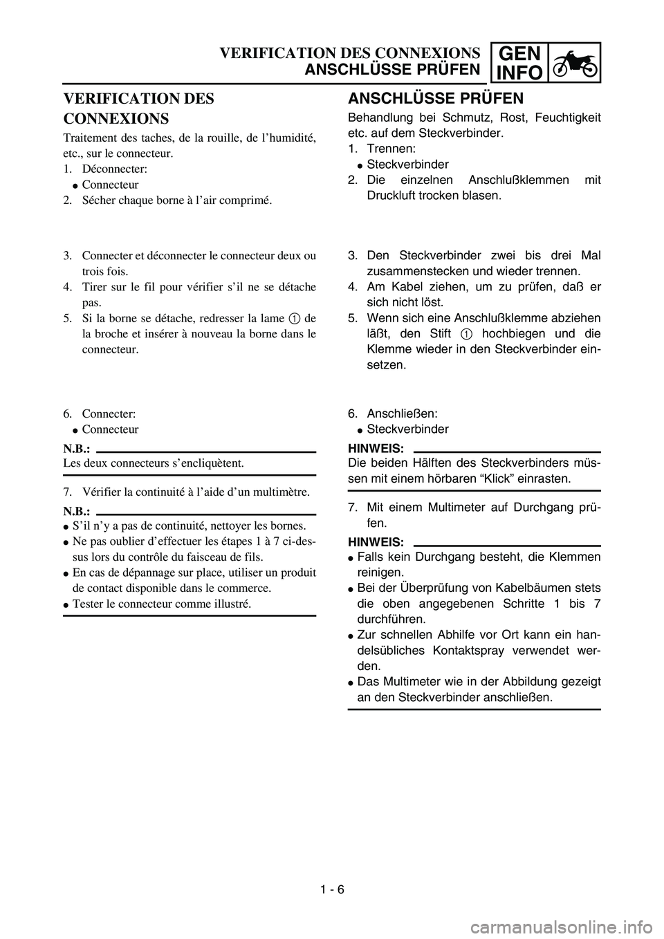 YAMAHA YZ85 2005 Owners Guide 1 - 6
GEN
INFOVERIFICATION DES CONNEXIONS
ANSCHLÜSSE PRÜFEN
VERIFICATION DES 
CONNEXIONS
Traitement des taches, de la rouille, de l’humidité,
etc., sur le connecteur.
1. Déconnecter:
Connecteur