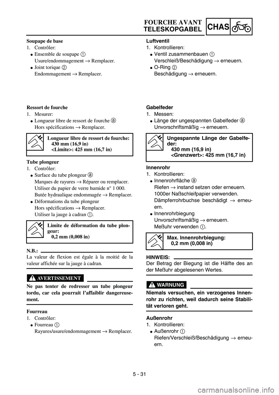 YAMAHA YZ85 2005  Owners Manual 5 - 31
CHAS
Soupape de base
1. Contrôler:
Ensemble de soupape 1 
Usure/endommagement → Remplacer.
Joint torique 2 
Endommagement → Remplacer.
Ressort de fourche
1. Mesurer:
Longueur libre de r