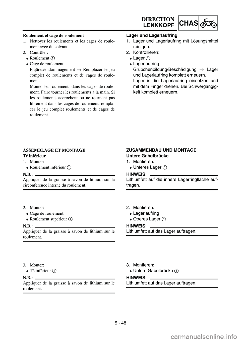 YAMAHA YZ85 2005  Owners Manual 5 - 48
CHAS
Roulement et cage de roulement
1. Nettoyer les roulements et les cages de roule-
ment avec du solvant.
2. Contrôler:
Roulement 1 
Cage de roulement
Piqûres/endommagement → Remplacer 