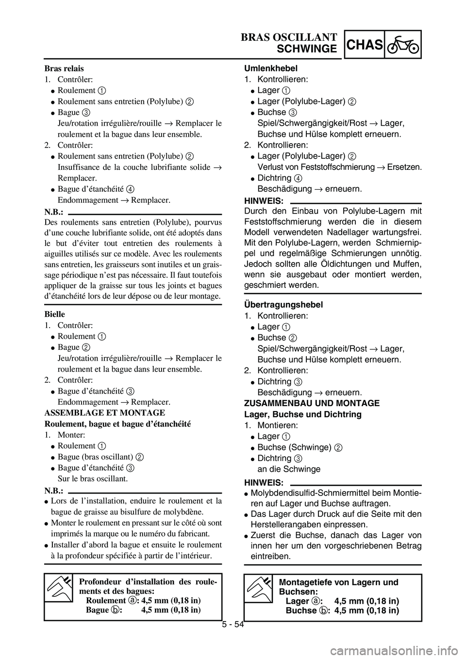 YAMAHA YZ85 2005  Owners Manual 5 - 54
CHAS
Bras relais
1. Contrôler:
Roulement 1 
Roulement sans entretien (Polylube) 2 
Bague 3 
Jeu/rotation irrégulière/rouille → Remplacer le
roulement et la bague dans leur ensemble.
2. 