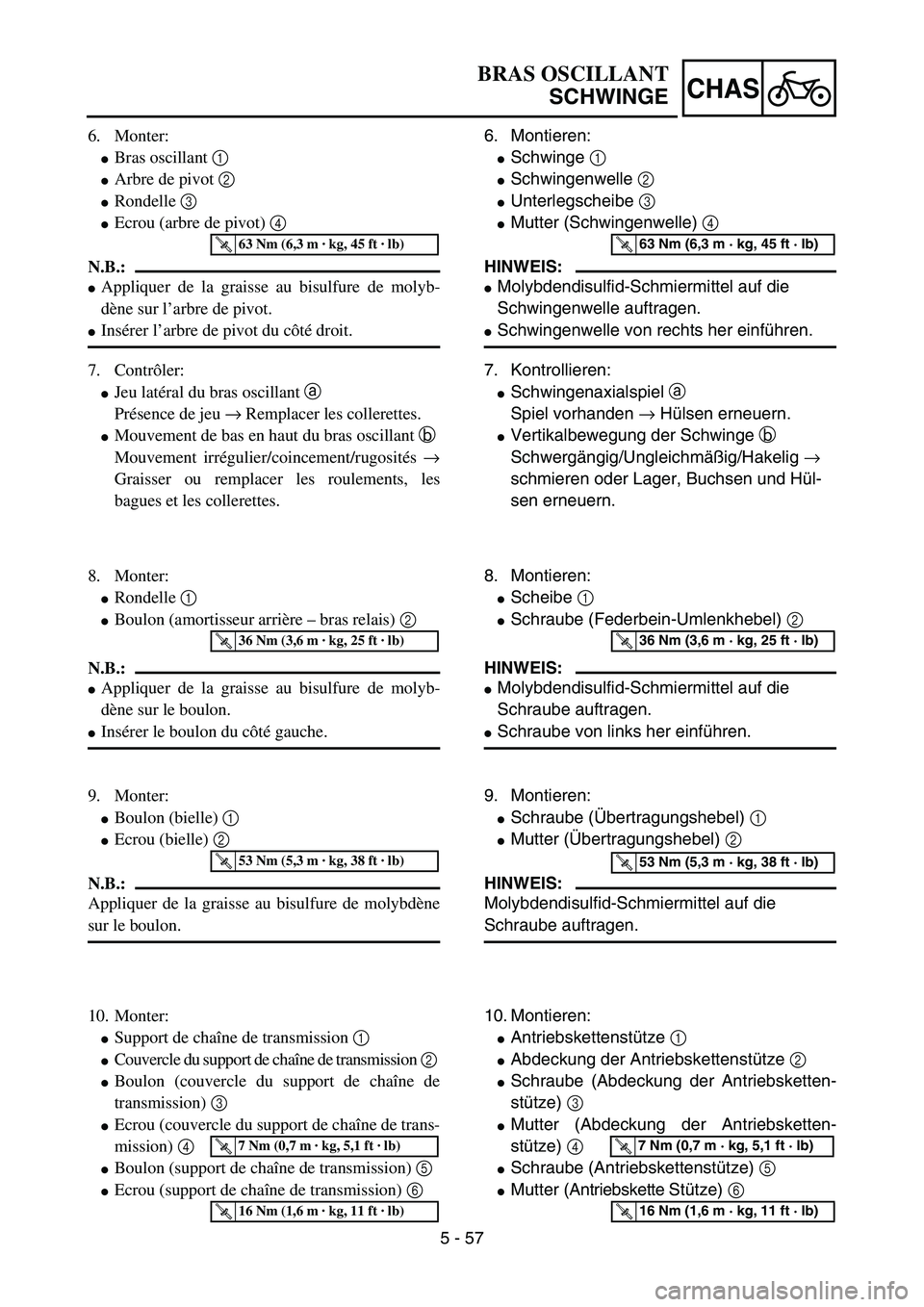 YAMAHA YZ85 2005  Owners Manual 5 - 57
CHAS
6. Monter:
Bras oscillant 1 
Arbre de pivot 2 
Rondelle 3 
Ecrou (arbre de pivot) 4 
N.B.:
Appliquer de la graisse au bisulfure de molyb-
dène sur l’arbre de pivot.
Insérer l’a