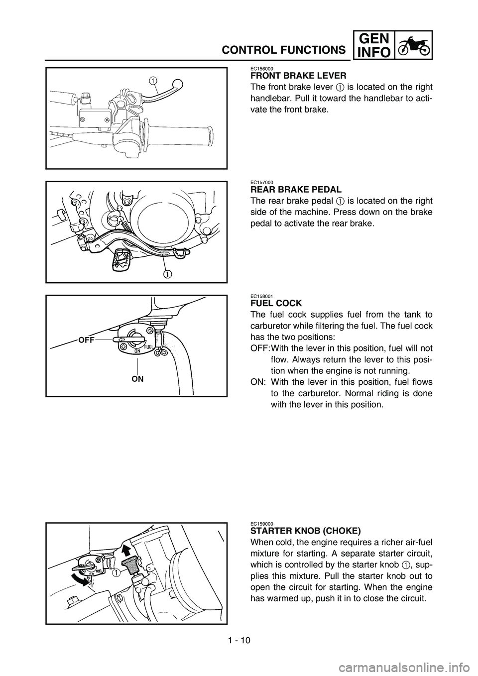 YAMAHA YZ85 2005 Owners Manual 1 - 10
GEN
INFO
CONTROL FUNCTIONS
EC156000
FRONT BRAKE LEVER
The front brake lever 1 is located on the right
handlebar. Pull it toward the handlebar to acti-
vate the front brake.
5PAR0002
EC157000
RE YAMAHA YZ85 2005 Owners Manual 1 - 10
GEN
INFO
CONTROL FUNCTIONS
EC156000
FRONT BRAKE LEVER
The front brake lever 1 is located on the right
handlebar. Pull it toward the handlebar to acti-
vate the front brake.
5PAR0002
EC157000
RE