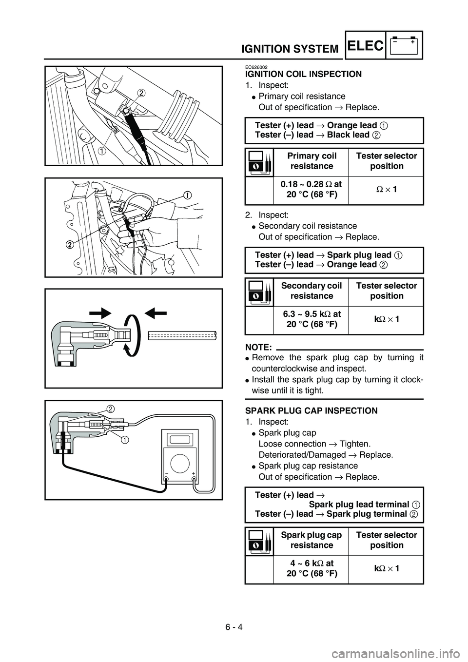 YAMAHA YZ85 2005  Owners Manual 6 - 4
–+ELECIGNITION SYSTEM
EC626002
IGNITION COIL INSPECTION
1. Inspect:
Primary coil resistance
Out of specification → Replace.
2. Inspect:
Secondary coil resistance
Out of specification → R