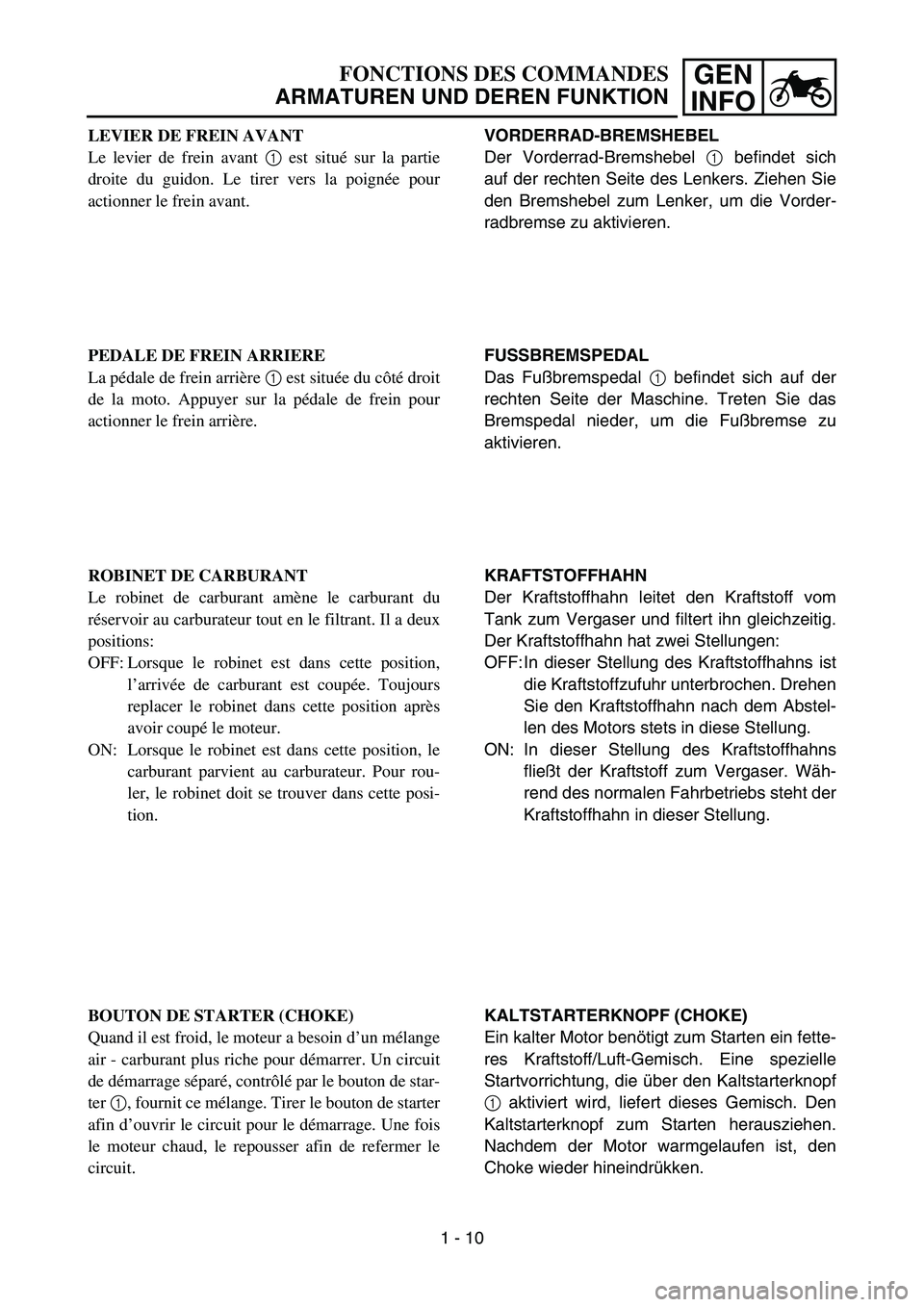 YAMAHA YZ85 2005 Service Manual 1 - 12
GEN
INFOFONCTIONS DES COMMANDES
ARMATUREN UND DEREN FUNKTION
LEVIER DE FREIN AVANT
Le levier de frein avant 1 est situé sur la partie
droite du guidon. Le tirer vers la poignée pour
actionner YAMAHA YZ85 2005 Service Manual 1 - 12
GEN
INFOFONCTIONS DES COMMANDES
ARMATUREN UND DEREN FUNKTION
LEVIER DE FREIN AVANT
Le levier de frein avant 1 est situé sur la partie
droite du guidon. Le tirer vers la poignée pour
actionner