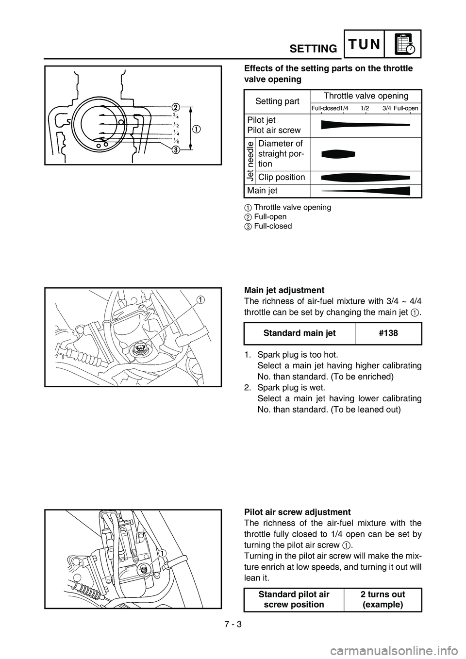 YAMAHA YZ85 2005  Owners Manual 7 - 3
TUNSETTING
Effects of the setting parts on the throttle 
valve opening
1Throttle valve opening
2Full-open
3Full-closed
Setting partThrottle valve openingFull-closed1/4 1/2 3/4 Full-open
Pilot je
