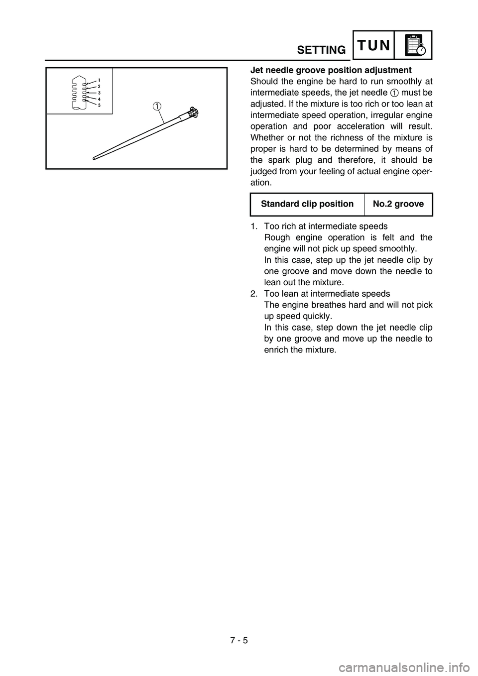 YAMAHA YZ85 2005 Owners Manual 7 - 5
TUNSETTING
Jet needle groove position adjustment
Should the engine be hard to run smoothly at
intermediate speeds, the jet needle 1 must be
adjusted. If the mixture is too rich or too lean at
i YAMAHA YZ85 2005 Owners Manual 7 - 5
TUNSETTING
Jet needle groove position adjustment
Should the engine be hard to run smoothly at
intermediate speeds, the jet needle 1 must be
adjusted. If the mixture is too rich or too lean at
i