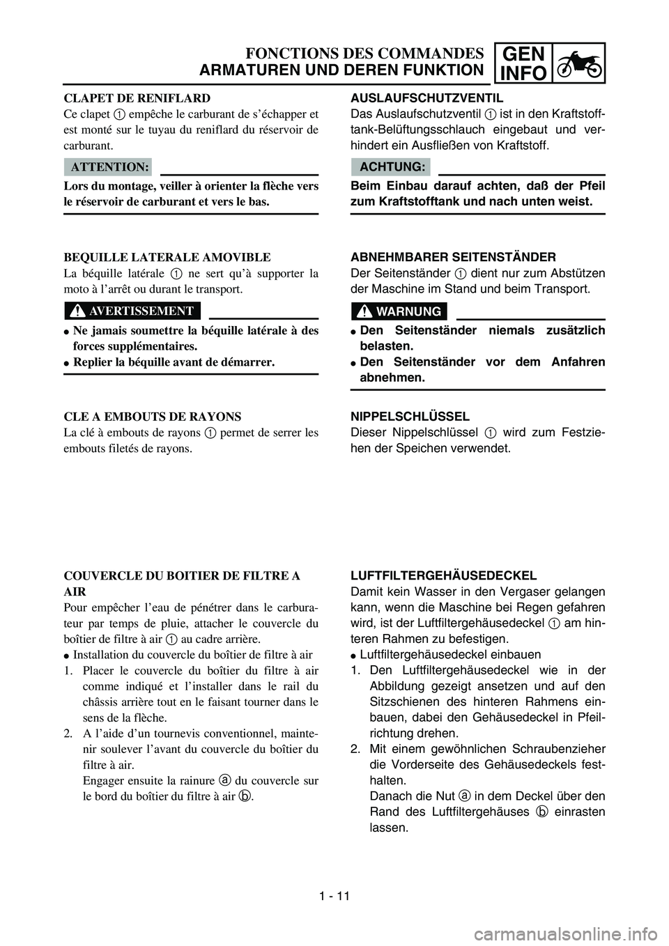 YAMAHA YZ85 2005 Service Manual GEN
INFOFONCTIONS DES COMMANDES
ARMATUREN UND DEREN FUNKTION
CLAPET DE RENIFLARD
Ce clapet 1 empêche le carburant de s’échapper et
est monté sur le tuyau du reniflard du réservoir de
carburant. YAMAHA YZ85 2005 Service Manual GEN
INFOFONCTIONS DES COMMANDES
ARMATUREN UND DEREN FUNKTION
CLAPET DE RENIFLARD
Ce clapet 1 empêche le carburant de s’échapper et
est monté sur le tuyau du reniflard du réservoir de
carburant.