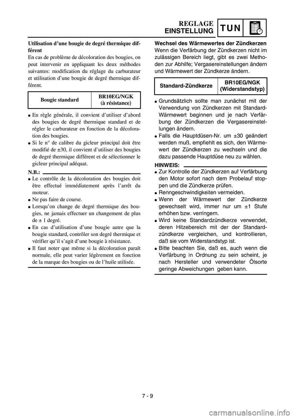 YAMAHA YZ85 2005  Owners Manual TUN
REGLAGE
EINSTELLUNG
Utilisation d’une bougie de degré thermique dif-
férent
En cas de problème de décoloration des bougies, on
peut intervenir en appliquant les deux méthodes
suivantes: mod