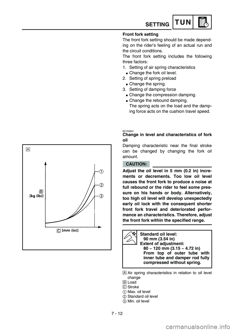 YAMAHA YZ85 2005  Owners Manual 7 - 12
TUN
Front fork setting
The front fork setting should be made depend-
ing on the rider’s feeling of an actual run and
the circuit conditions.
The front fork setting includes the following
thre