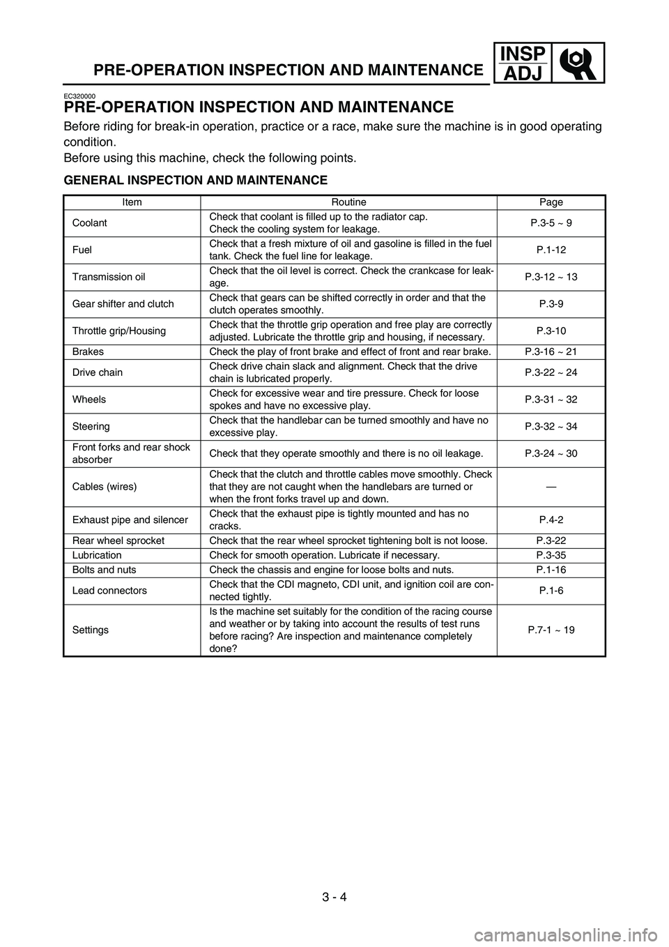 YAMAHA YZ85 2004  Owners Manual 3 - 4
INSP
ADJ
PRE-OPERATION INSPECTION AND MAINTENANCE
EC320000
PRE-OPERATION INSPECTION AND MAINTENANCE
Before riding for break-in operation, practice or a race, make sure the machine is in good ope