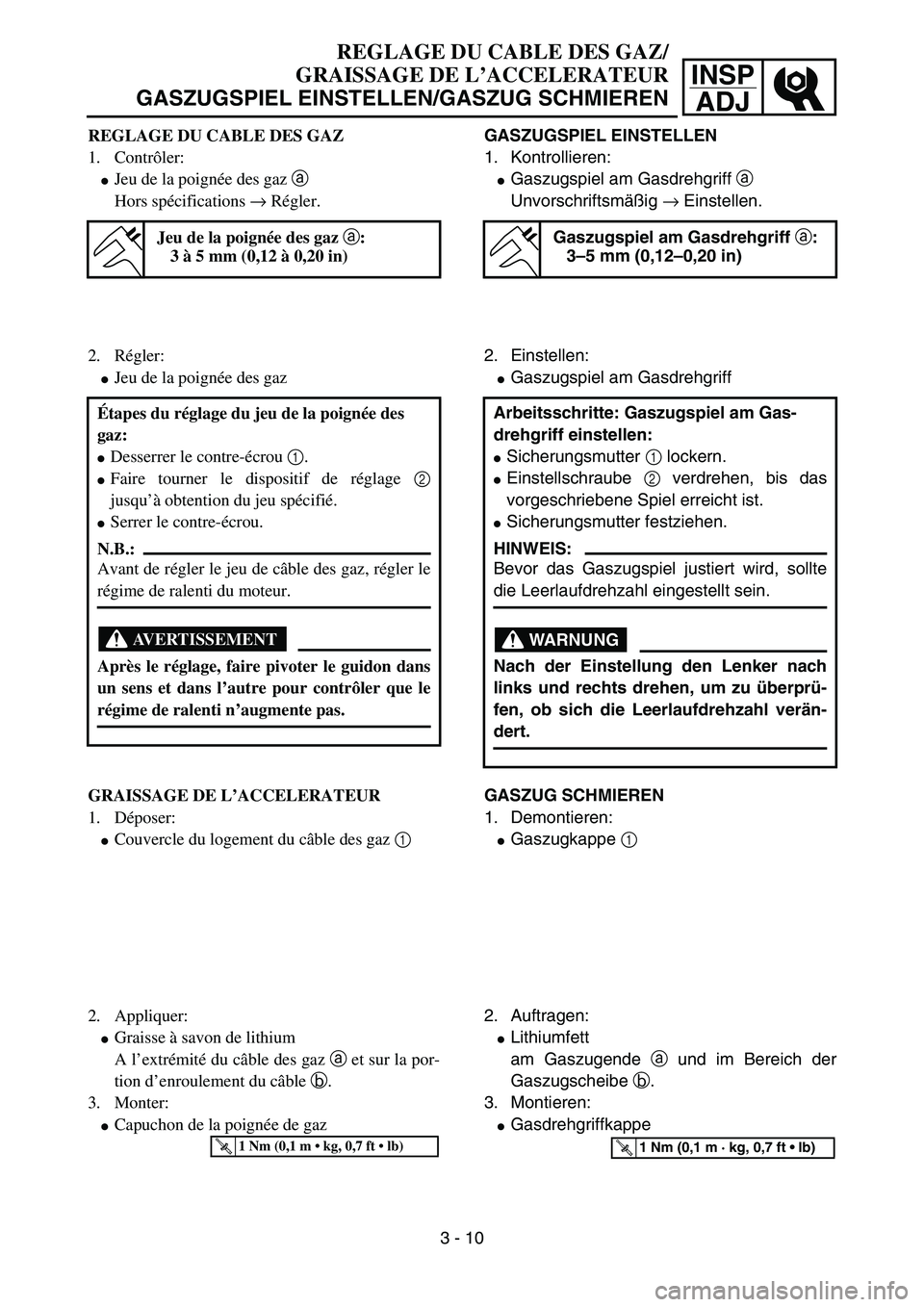 YAMAHA YZ85 2004  Owners Manual 3- 14
INSP
ADJ
REGLAGE DU CABLE DES GAZ/
GRAISSAGE DE L’ACCELERATEUR
GASZUGSPIEL EINSTELLEN/GASZUG SCHMIEREN
REGLAGE DU CABLE DES GAZ
1. Contrôler:
Jeu de la poignée des gaz a 
Hors spécificatio