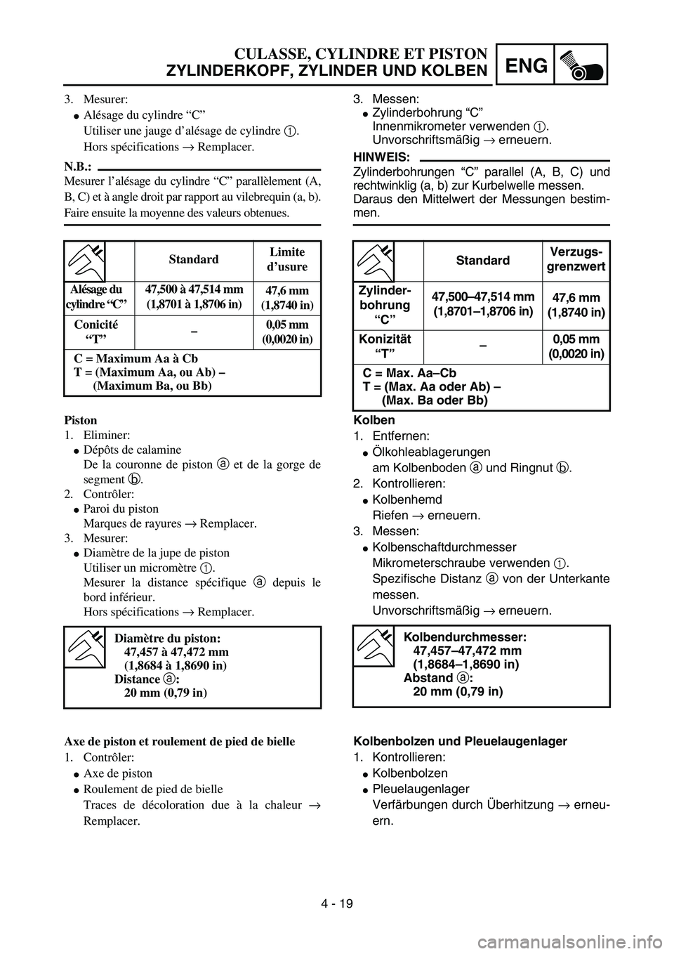 YAMAHA YZ85 2004  Owners Manual 4 - 19
ENG
3. Mesurer:
Alésage du cylindre “C”
Utiliser une jauge d’alésage de cylindre 1.
Hors spécifications → Remplacer.
N.B.:
Mesurer l’alésage du cylindre “C” parallèlement (A