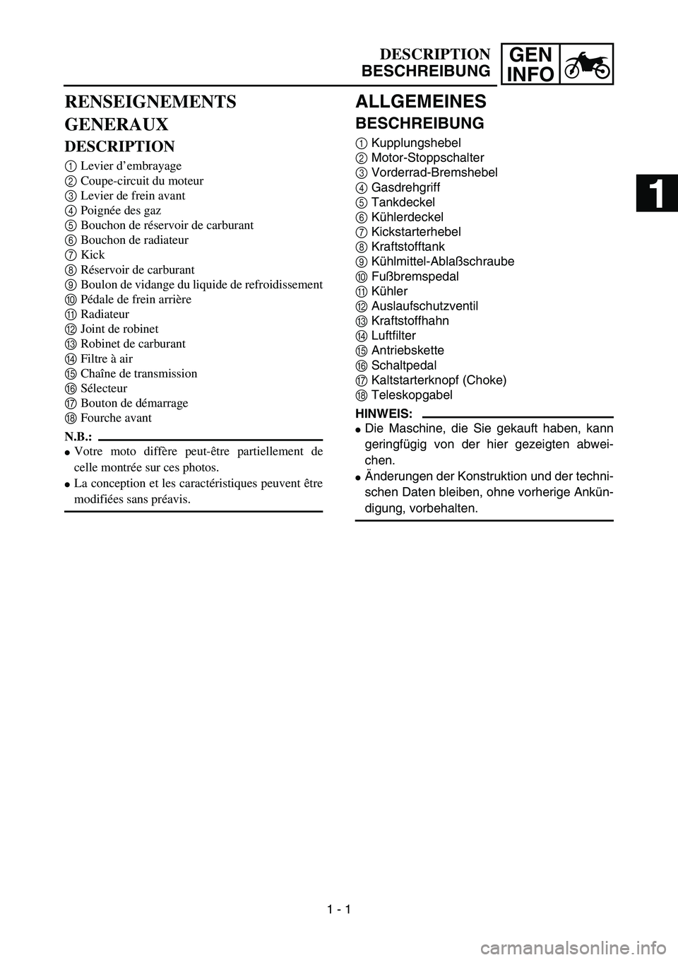 YAMAHA YZ85 2004  Notices Demploi (in French) GEN
INFODESCRIPTION
BESCHREIBUNG
RENSEIGNEMENTS 
GENERAUX
DESCRIPTION
1Levier d’embrayage
2Coupe-circuit du moteur
3Levier de frein avant
4Poignée des gaz
5Bouchon de réservoir de carburant
6Bouch