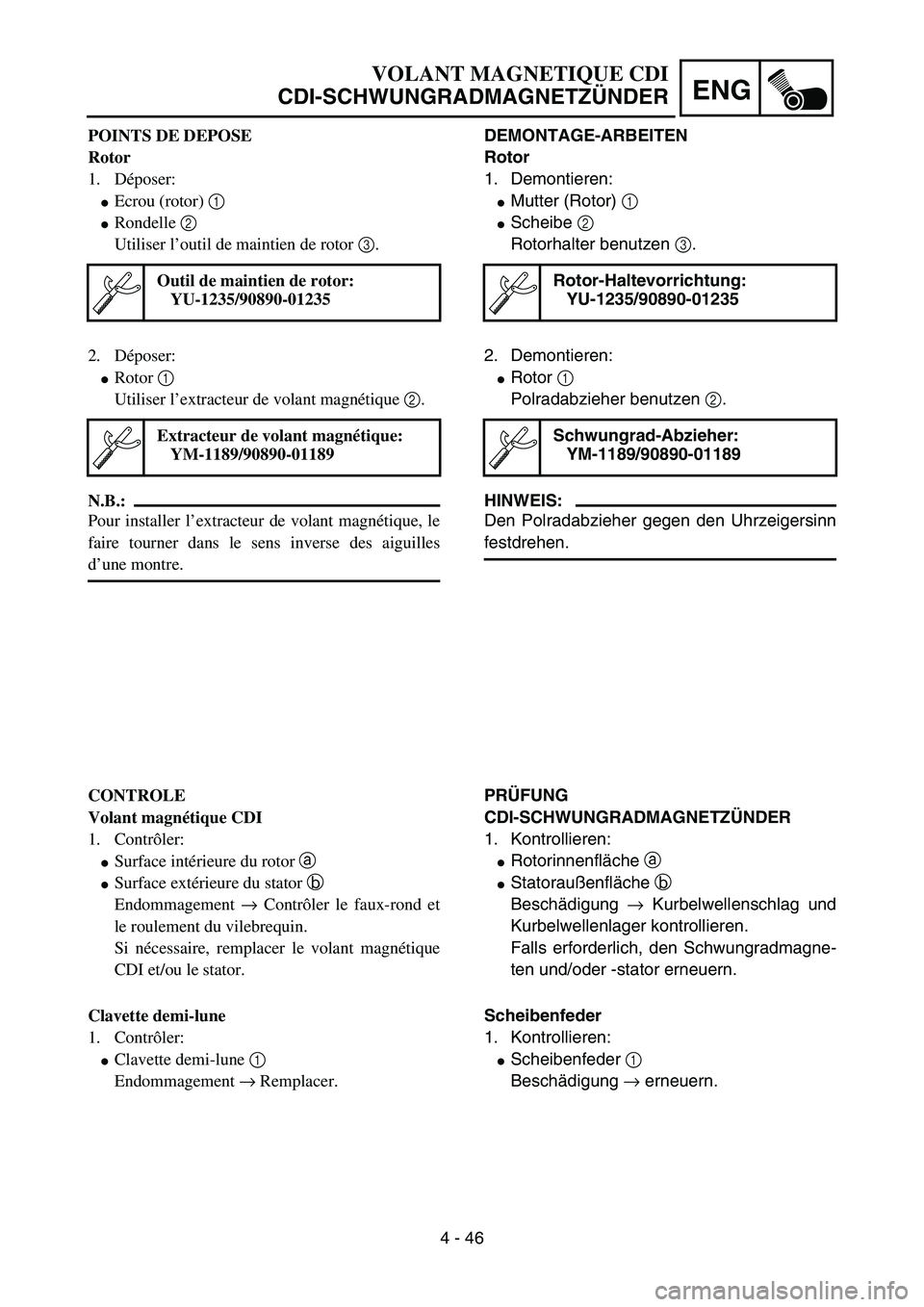 YAMAHA YZ85 2004  Owners Manual 4 - 46
ENG
POINTS DE DEPOSE
Rotor
1. Déposer:
Ecrou (rotor) 1 
Rondelle 2 
Utiliser l’outil de maintien de rotor 3.
Outil de maintien de rotor:
YU-1235/90890-01235
2. Déposer:
Rotor 1 
Utiliser