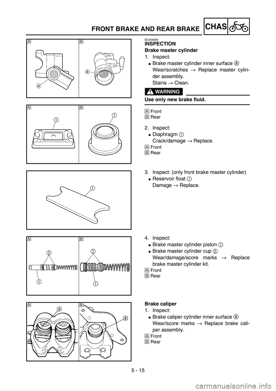 YAMAHA YZ85 2004  Owners Manual 5 - 15
CHAS
EC5A4000
INSPECTION
Brake master cylinder
1. Inspect:
Brake master cylinder inner surface a 
Wear/scratches → Replace master cylin-
der assembly.
Stains → Clean.
WARNING
Use only new 