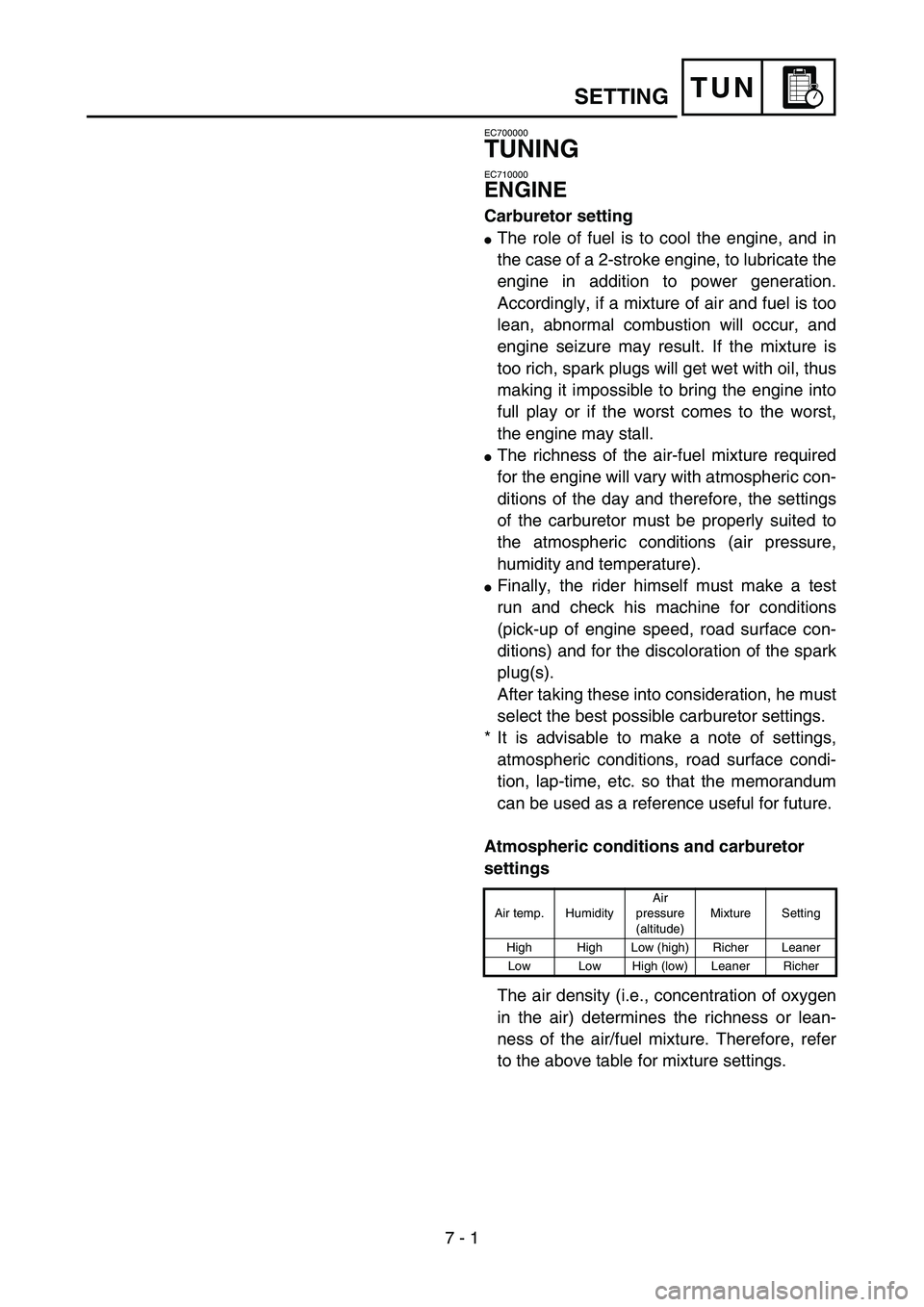 YAMAHA YZ85 2004  Notices Demploi (in French) 7 - 1
TUN
EC700000
TUNING
EC710000
ENGINE
Carburetor setting
The role of fuel is to cool the engine, and in
the case of a 2-stroke engine, to lubricate the
engine in addition to power generation.
Acc