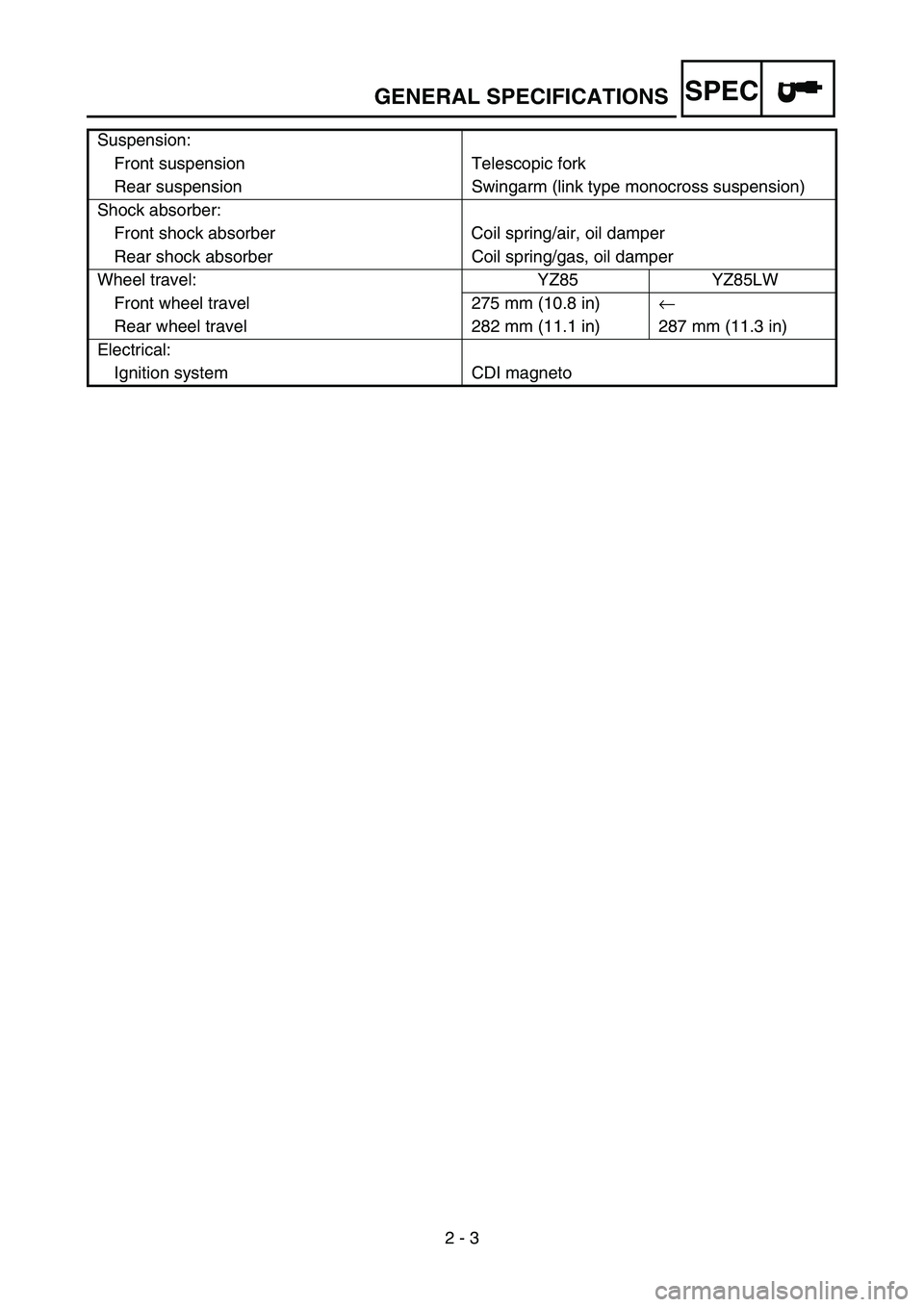 YAMAHA YZ85 2004  Notices Demploi (in French) SPEC
2 - 3
GENERAL SPECIFICATIONS
Suspension:
Front suspension Telescopic fork
Rear suspension Swingarm (link type monocross suspension)
Shock absorber:
Front shock absorber Coil spring/air, oil dampe