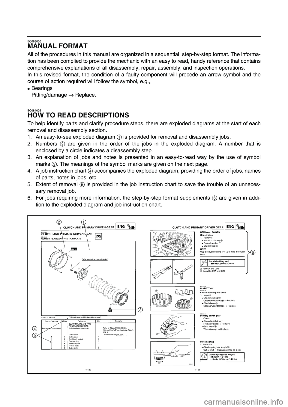 YAMAHA YZ85 2003  Betriebsanleitungen (in German) EC083000
MANUAL FORMAT
All of the procedures in this manual are organized in a sequential, step-by-step format. The informa-
tion has been complied to provide the mechanic with an easy to read, handy 