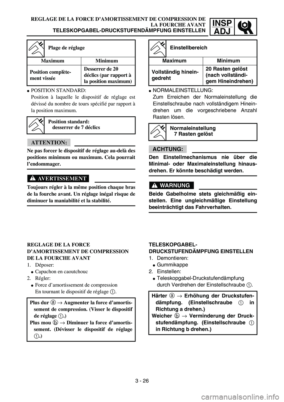 YAMAHA YZ85 2003  Owners Manual 3- 30
INSP
ADJ
REGLAGE DE LA FORCE D’AMORTISSEMENT DE COMPRESSION DE
LA FOURCHE AVANT
TELESKOPGABEL-DRUCKSTUFENDÄMPFUNG EINSTELLEN
POSITION STANDARD:
Position à laquelle le dispositif de réglage