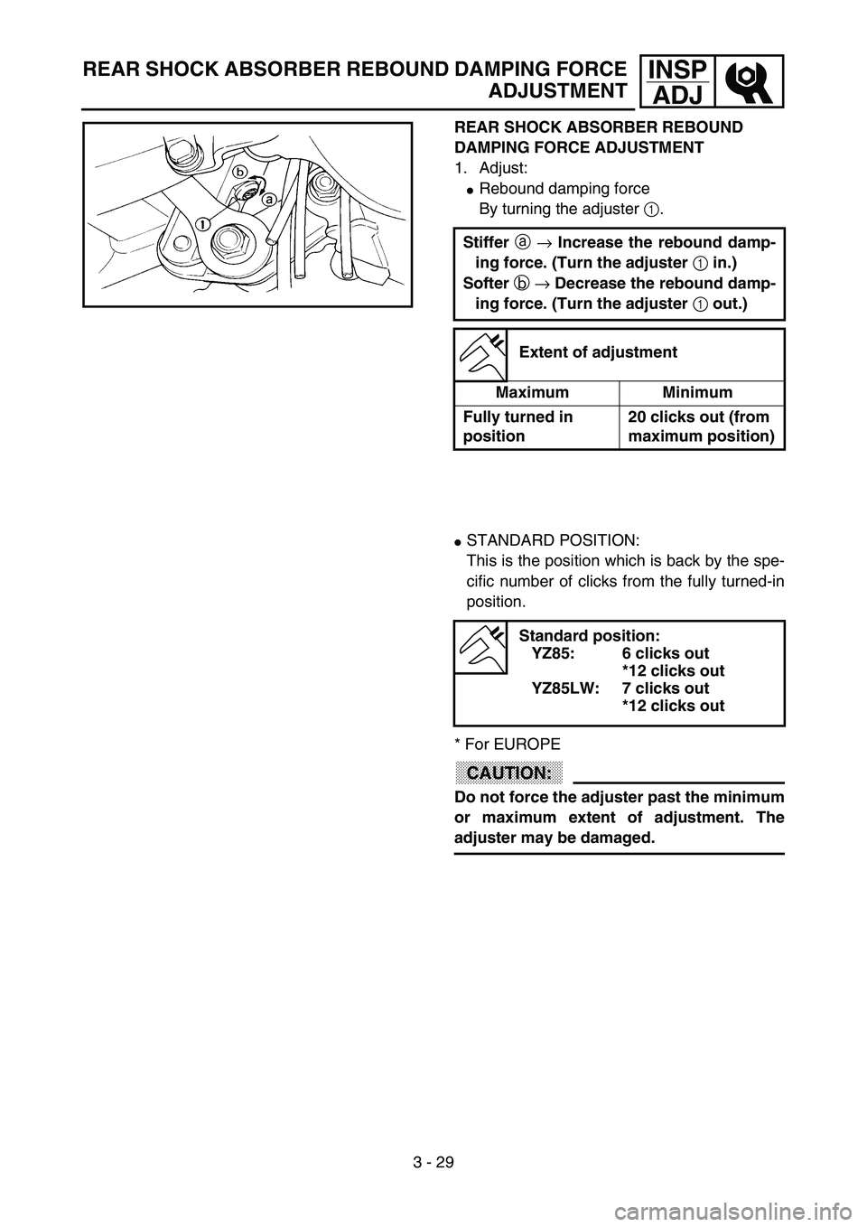YAMAHA YZ85 2003  Owners Manual 3 - 29
INSP
ADJREAR SHOCK ABSORBER REBOUND DAMPING FORCE
ADJUSTMENT
REAR SHOCK ABSORBER REBOUND 
DAMPING FORCE ADJUSTMENT
1. Adjust:
Rebound damping force
By turning the adjuster 1.
Stiffer 
a 
→ I
