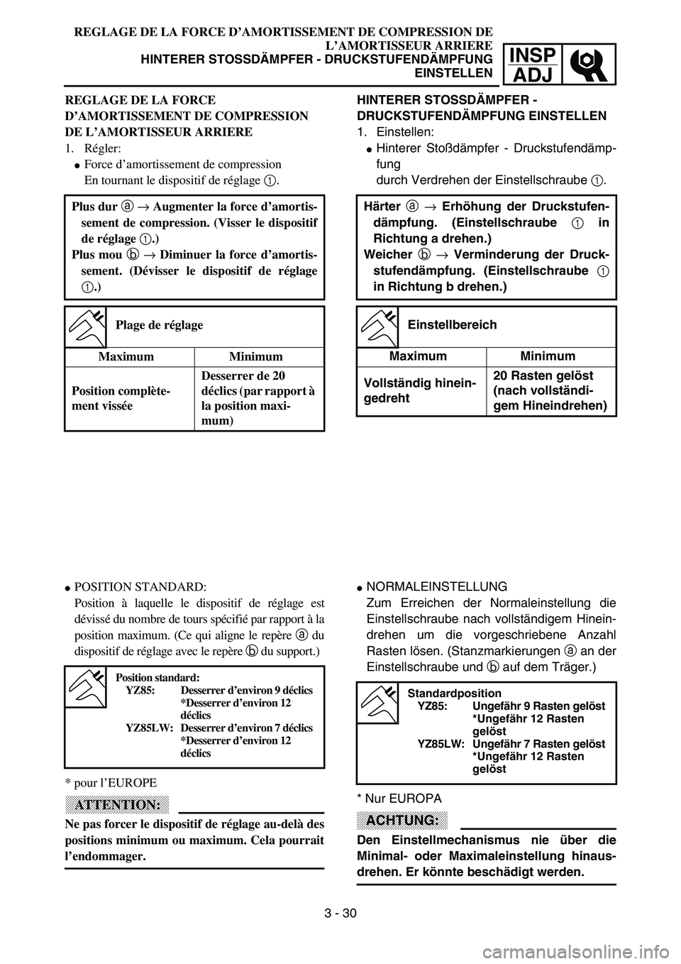YAMAHA YZ85 2003  Notices Demploi (in French) 3- 34
INSP
ADJ
REGLAGE DE LA FORCE D’AMORTISSEMENT DE COMPRESSION DE
L’AMORTISSEUR ARRIERE
HINTERER STOSSDÄMPFER - DRUCKSTUFENDÄMPFUNG
EINSTELLEN
REGLAGE DE LA FORCE 
D’AMORTISSEMENT DE COMPRE