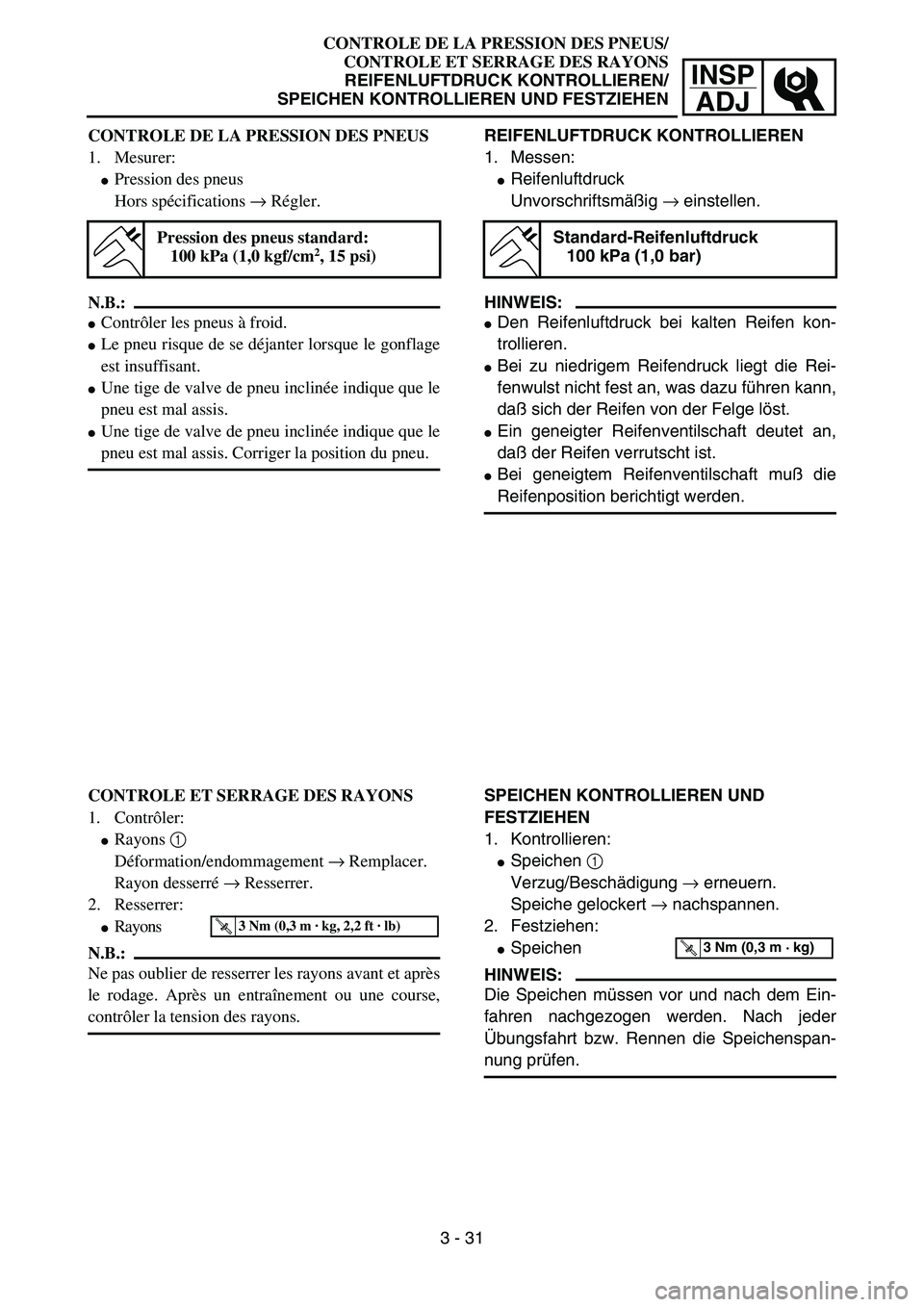 YAMAHA YZ85 2003  Notices Demploi (in French) 3- 35
INSP
ADJ
CONTROLE DE LA PRESSION DES PNEUS/
CONTROLE ET SERRAGE DES RAYONS
REIFENLUFTDRUCK KONTROLLIEREN/
SPEICHEN KONTROLLIEREN UND FESTZIEHEN
CONTROLE DE LA PRESSION DES PNEUS
1. Mesurer:
Pre