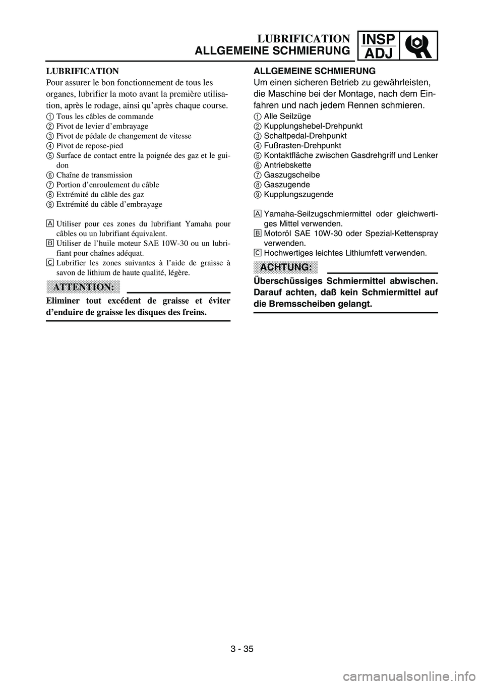 YAMAHA YZ85 2003  Notices Demploi (in French) INSP
ADJLUBRIFICATION
ALLGEMEINE SCHMIERUNG
LUBRIFICATION
Pour assurer le bon fonctionnement de tous les 
organes, lubrifier la moto avant la première utilisa-
tion, après le rodage, ainsi qu’apr
